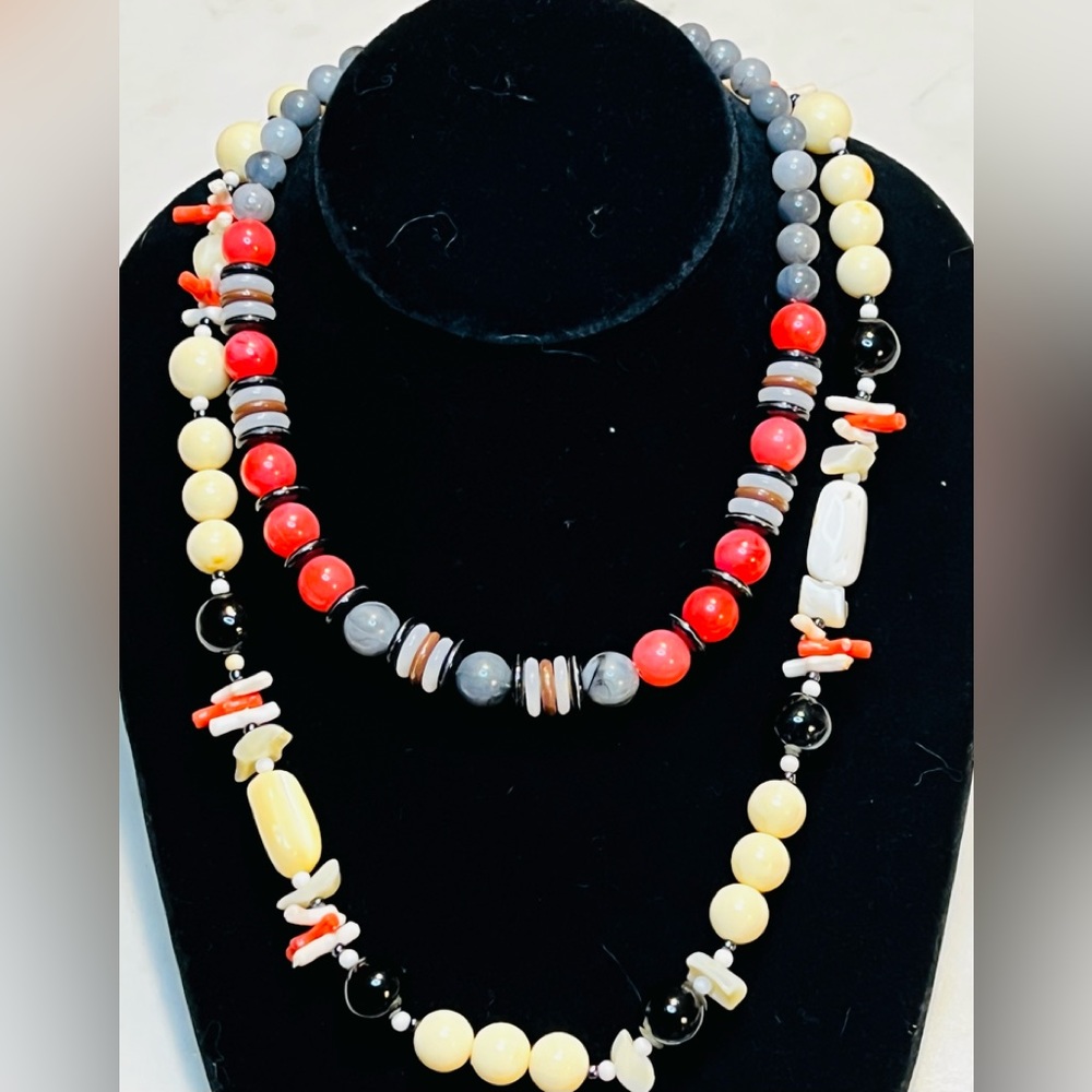 Vintage Signed Kenneth Lane Coral, MOP, Black, Gray Beaded Necklaces - set of 2